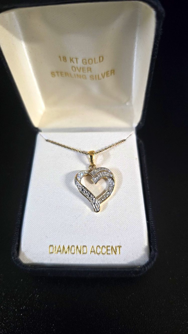 18KT Gold Over 925 Sterling Silver Diamond Accent Heart Charm Pendant Necklace